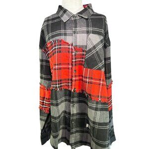 Rebel Vengeance Mens Plaid Patchwork Shirt Jacket XL 100% Cotton Red & Black